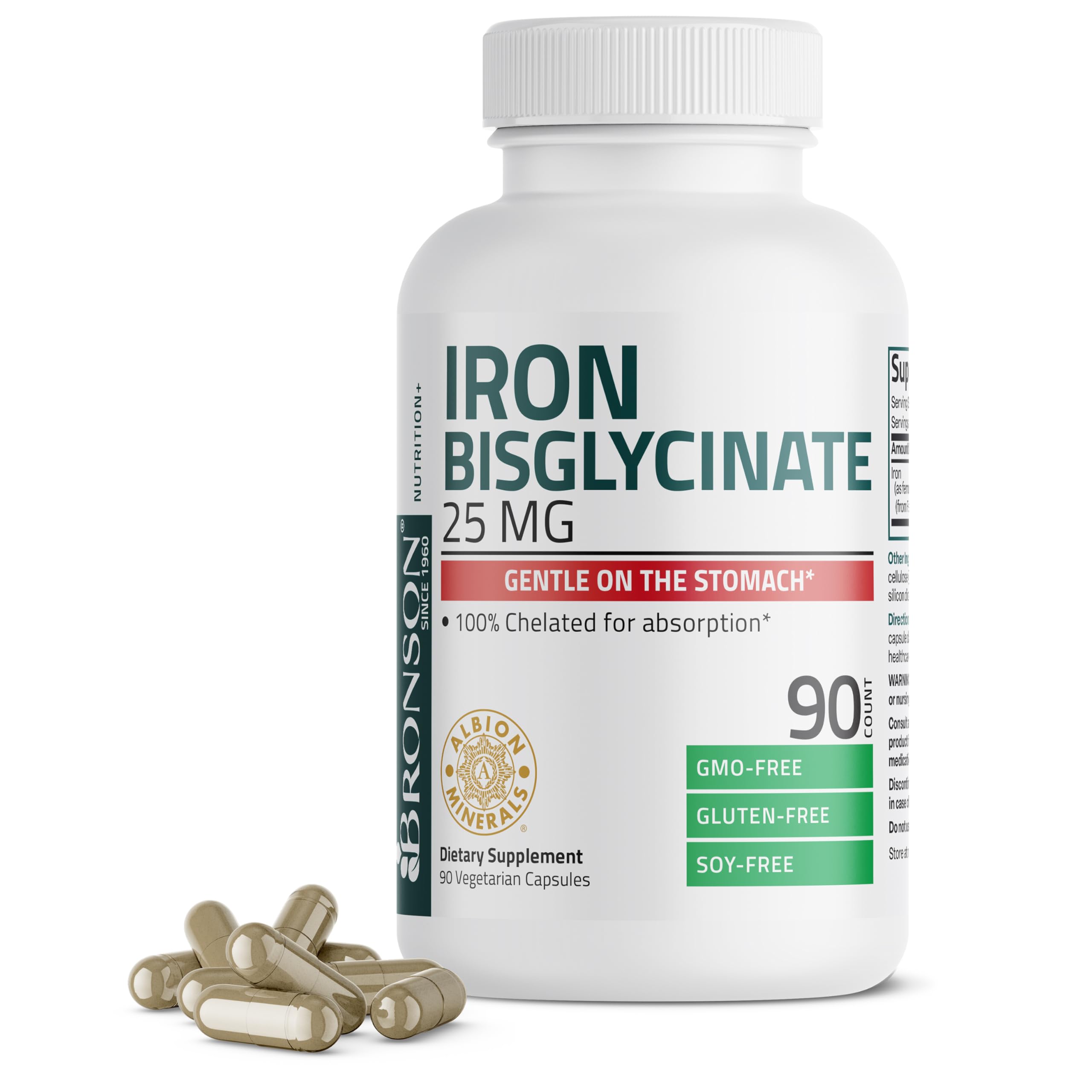 Bronson Iron Bisglycinate 25 mg, 90 Vegetarian Capsules | Gentle on the Stomach, Non-Constipating, Supports Energy & Red Blood Cell Production, Non-GMO, Gluten-Free & Soy-Free