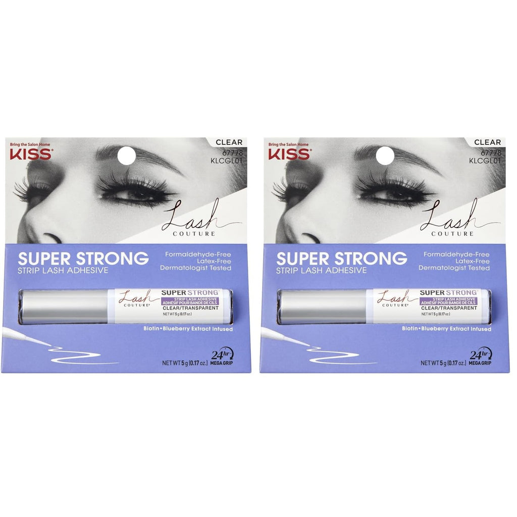 Kiss Lash Couture Super Strong Strip Lash Adhesive, Clear, 0.17 Oz (5 g), 24 Hour Mega Grip Eyelash Glue for Clusters, Extensions & Strip Lashes, with Brush Applicator, Biotin-Infused, Latex-Free