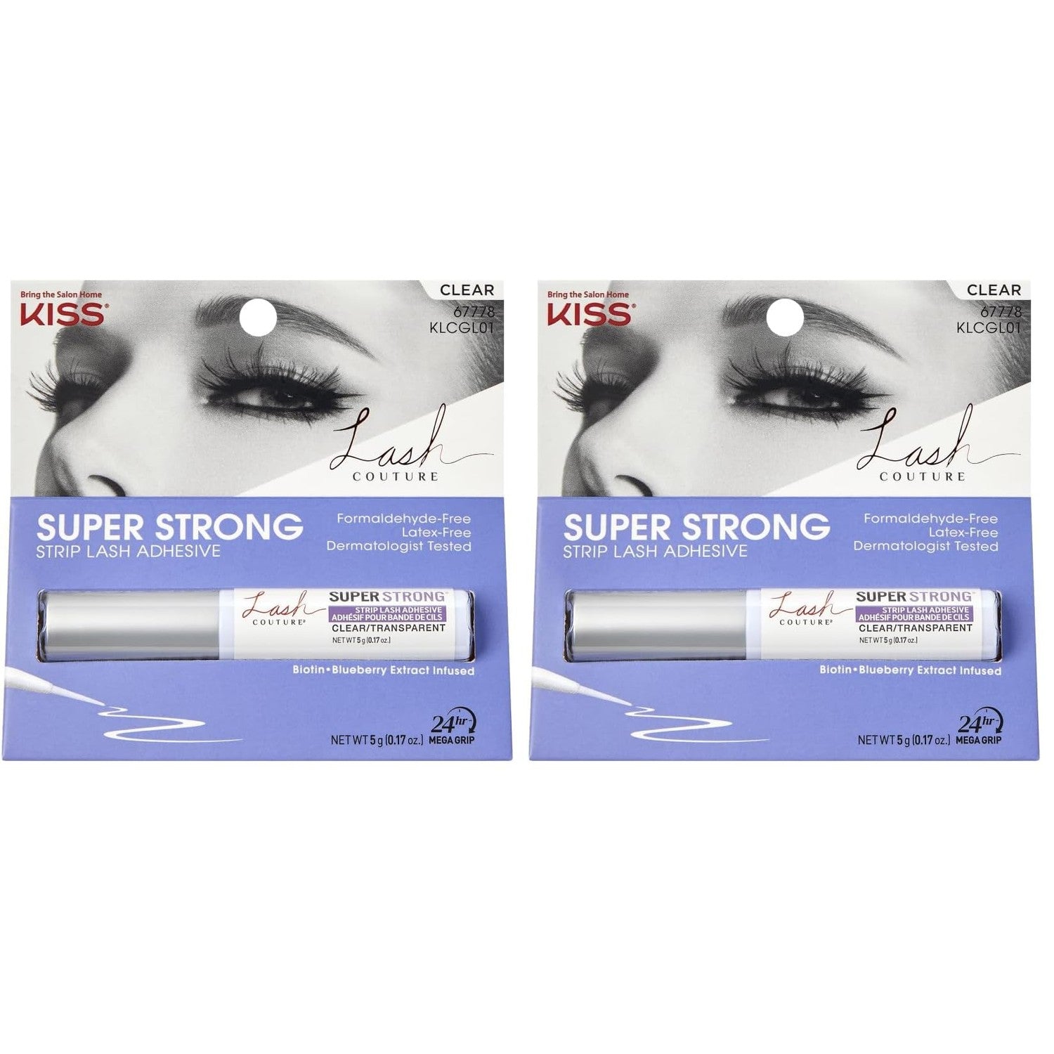 Kiss Lash Couture Super Strong Strip Lash Adhesive, Clear, 0.17 Oz (5 g), 24 Hour Mega Grip Eyelash Glue for Clusters, Extensions & Strip Lashes, with Brush Applicator, Biotin-Infused, Latex-Free