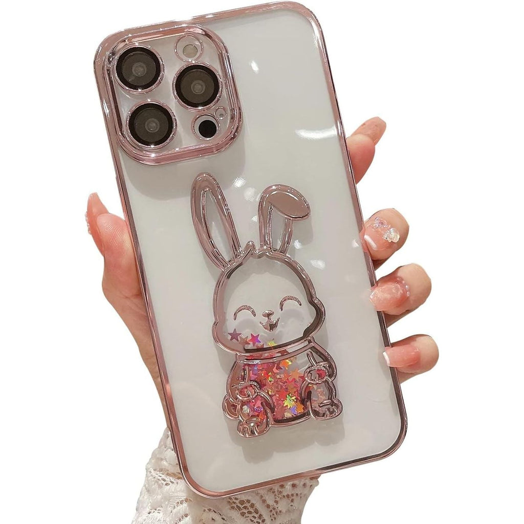 Buy now Compatible with iPhone 15 Pro Max Phone Case with Camera Lens Protector for Women Girls Luxury Electroplated Clear Glitter Quicksand Cute Cover for 15 ProMax (Rabbit Pink) at indiglob india