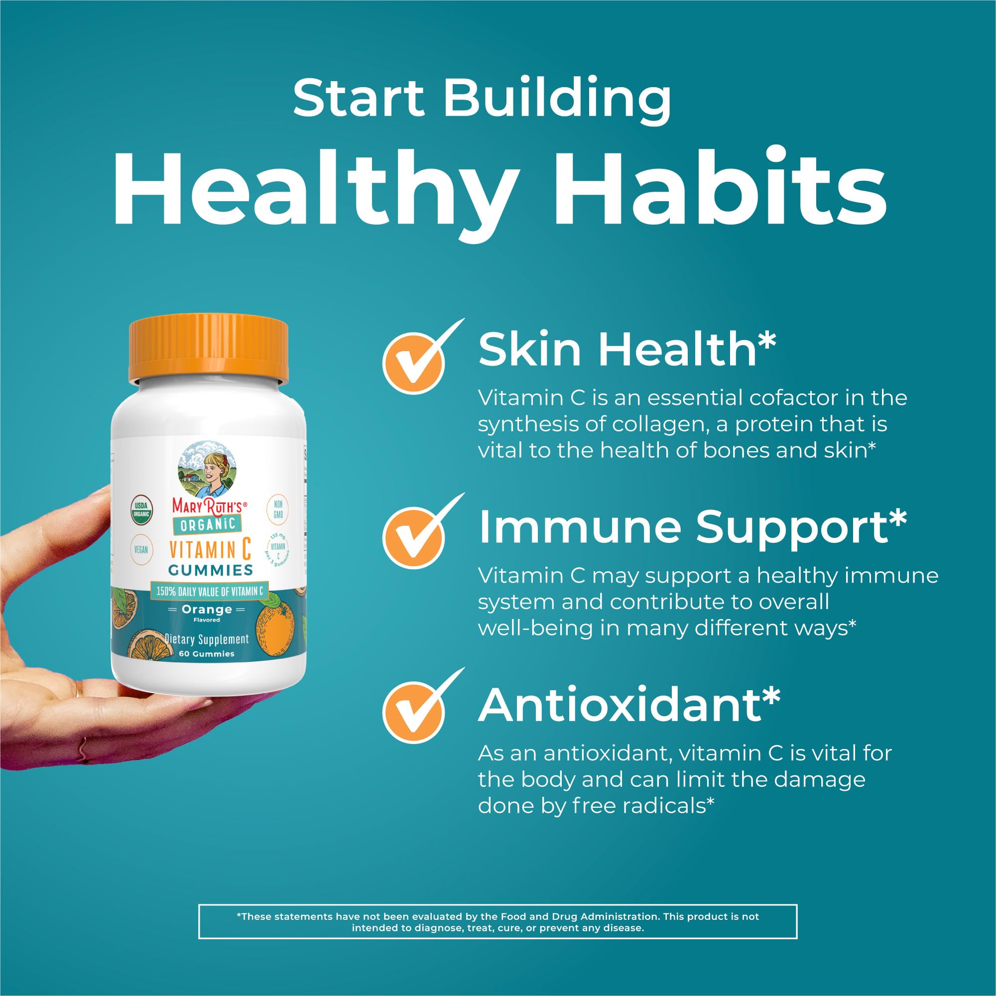 MARYRUTH'S USDA Organic Vitamin C Gummies, Antioxidant, Non-GMO, 60 Count | Vegan Chewable for Ages 14+, Immune Support & Overall Wellness, Gluten Free