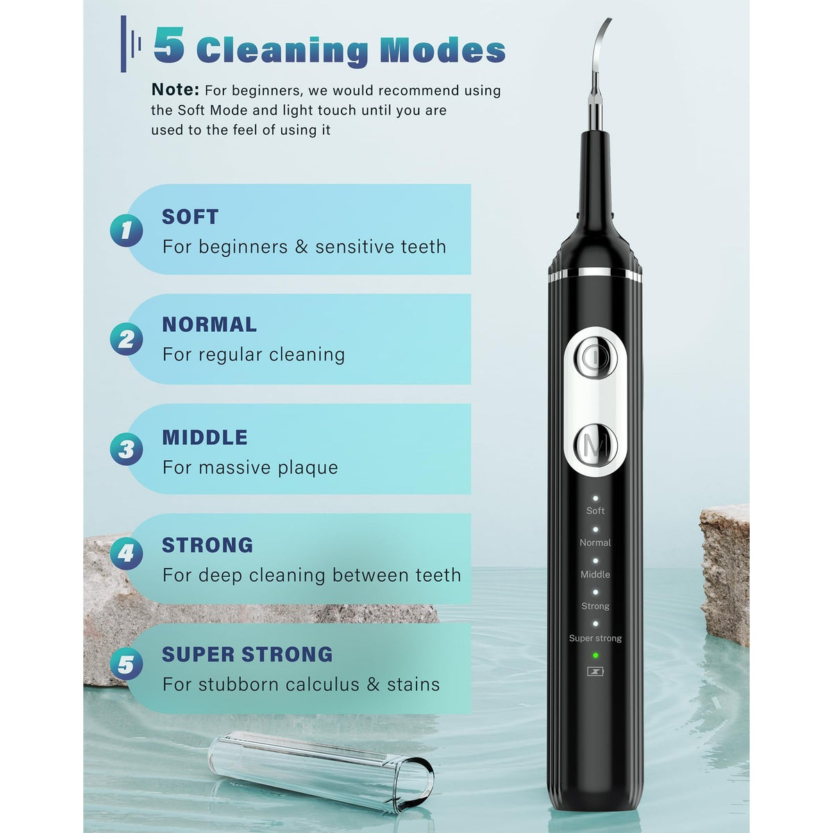 Plaque Remover for Teeth, Dental Cleaning Kit Tartar Remover for Teeth with LED Light & 5 Modes, Rechargeable Dental Cleaner, 4 Replaceable Heads