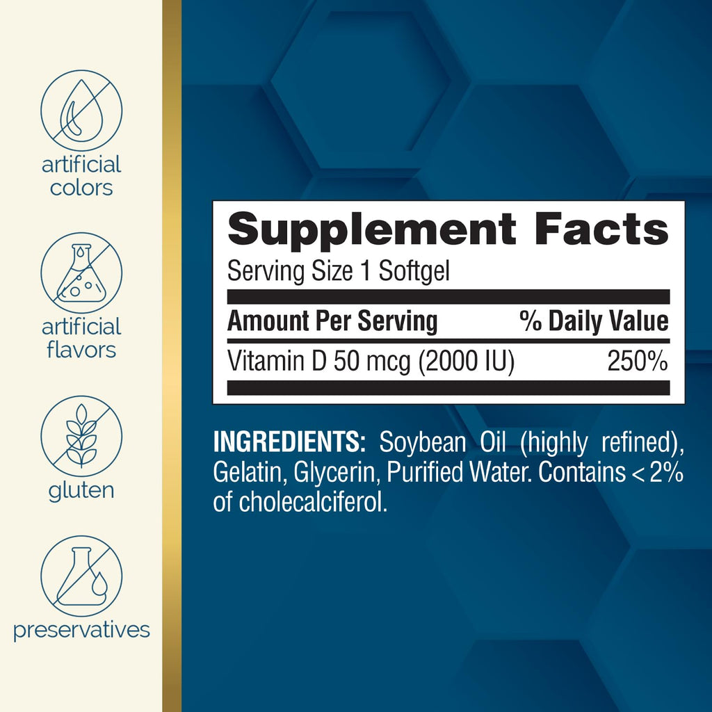 Nature's Wonder Vitamin D3 2000 IU (50mcg), Gluten-Free, 360 Softgels | Potent Bone Health, Immune Function & Calcium Absorption Support for Women & Men, Year Round Daily Wellness, 360 Day Supply
