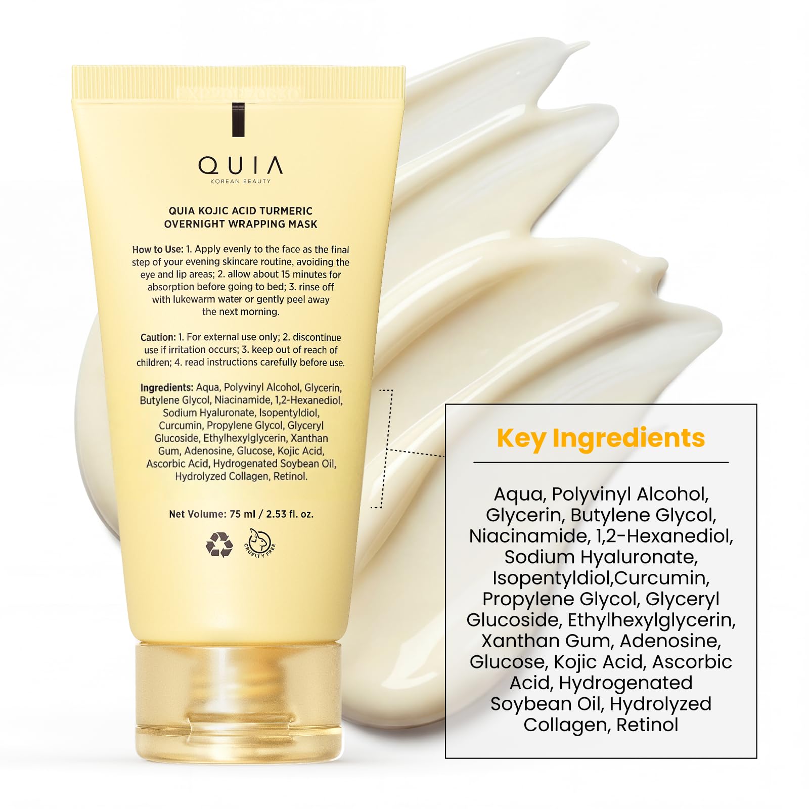 QUIA Turmeric + Kojic Acid Overnight Wrapping Mask – Hydration Mask for Glowing Skin – Evens Tone, Soothes Redness and Improves Skin Texture – Korean Skincare 75ML