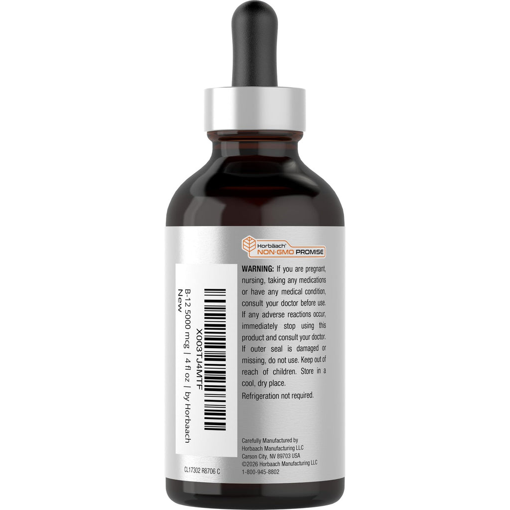 Horbaach B12 Vitamin 5000 mcg Sublingual | 4 Fl Oz | as Methylcobalamin and Cyanocobalamin | Liquid Vegetarian Drops | Berry Flavor | Non-GMO & Gluten Free Supplement