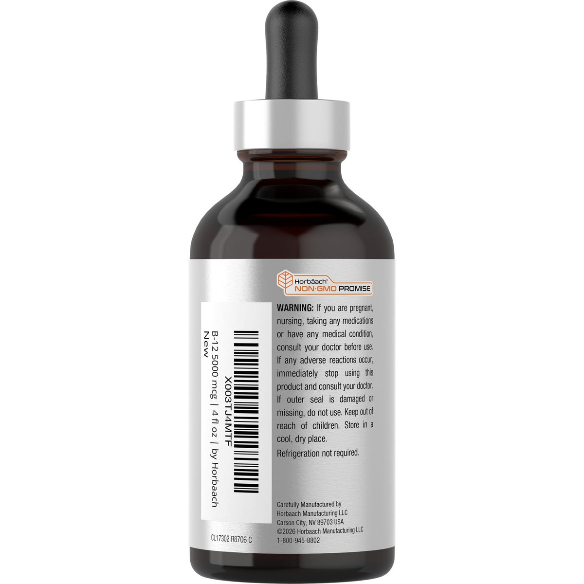 Horbaach B12 Vitamin 5000 mcg Sublingual | 4 Fl Oz | as Methylcobalamin and Cyanocobalamin | Liquid Vegetarian Drops | Berry Flavor | Non-GMO & Gluten Free Supplement