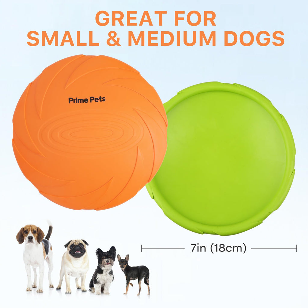 PrimePets Dog Flying Disc, 2 Pack, 7 Inch, Durable Dog Toys, Natural Rubber Floating Flying Saucer for Water Pool Beach, Orange and Green
