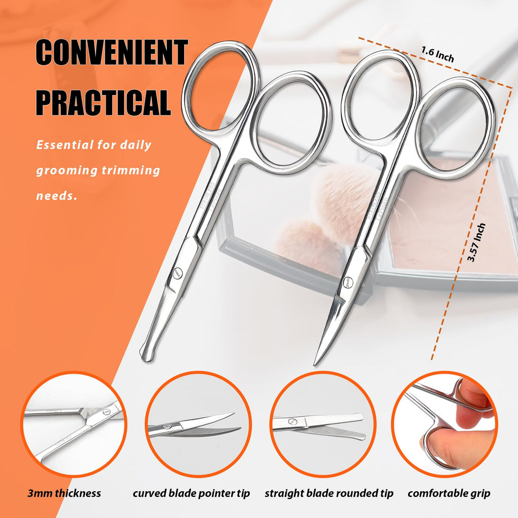 Facial Hair Small Grooming Scissors For Men Women, 2PCS Silver | Eyebrow, Nose Hair, Mustache, Beard, Eyelashes, Ear Trimming Kit, Curved and Rounded Safety Tip, Hair Cutting Clippers