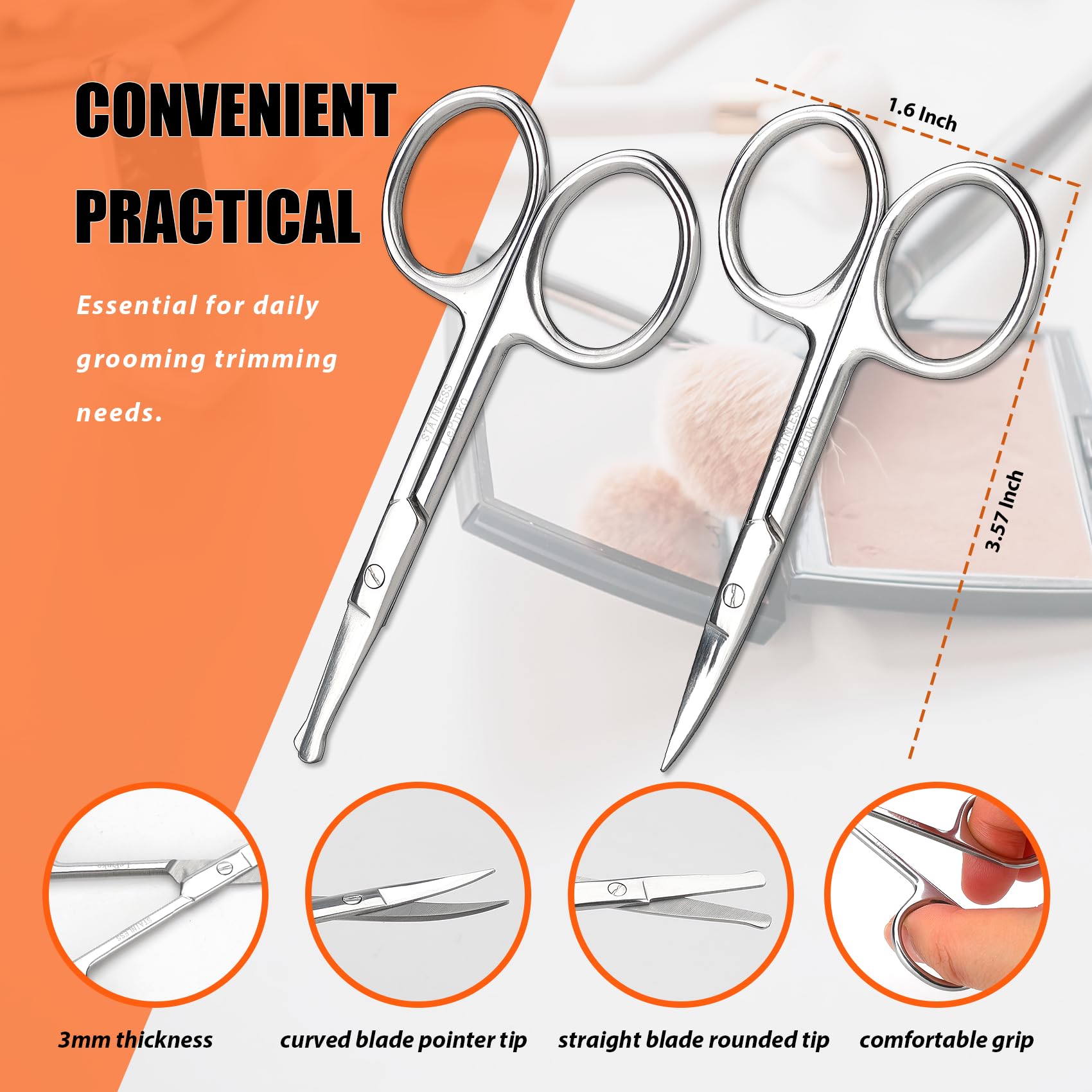 Facial Hair Small Grooming Scissors For Men Women, 2PCS Silver | Eyebrow, Nose Hair, Mustache, Beard, Eyelashes, Ear Trimming Kit, Curved and Rounded Safety Tip, Hair Cutting Clippers