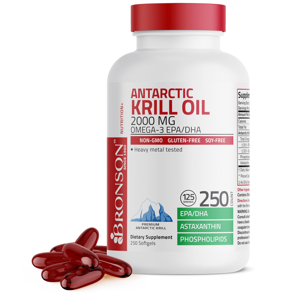 Bronson Antarctic Krill Oil 2000 mg with Omega-3s, 250 Softgels | Heavy Metal Tested, with EPA, DHA, Astaxanthin and Phospholipids, Non-GMO, Gluten Free, Soy Free
