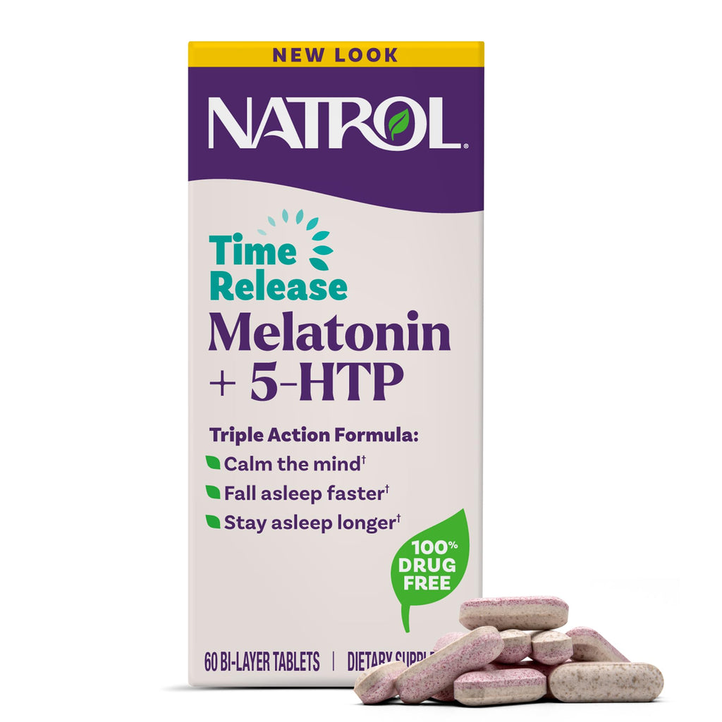 Natrol Melatonin + 5-HTP Time Release Sleep Aid, 60 Bi-Layer Tablets | Triple Action Formula, Calm the Mind, Fall Asleep Faster and Stay Asleep Longer, 100% Drug-Free, 60 Day Supply