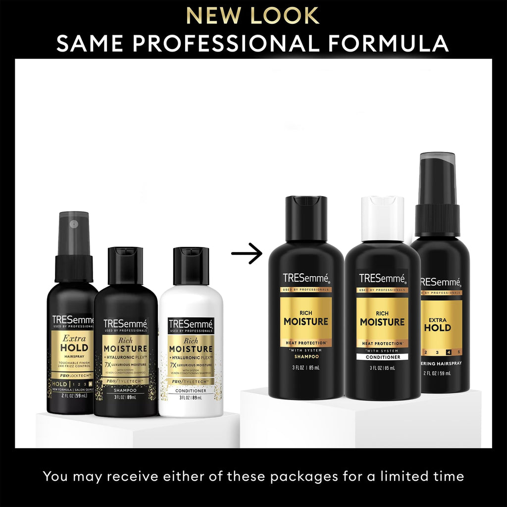 TRESemmé Travel Shampoo, Conditioner & Hairspray – Rich Moisture Hair Products + Non-Aerosol Hair Spray, 24H Frizz Control (3 Piece Set)