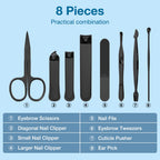 Precision 8 Pieces Men’s Nail Grooming Travel Kit, Stainless Steel Manicure Set with Fingernail & Toenail Clippers, Nail File, Slant Tip Tweezers, Cuticle Scissors, Cuticle Pusher, Travel Case