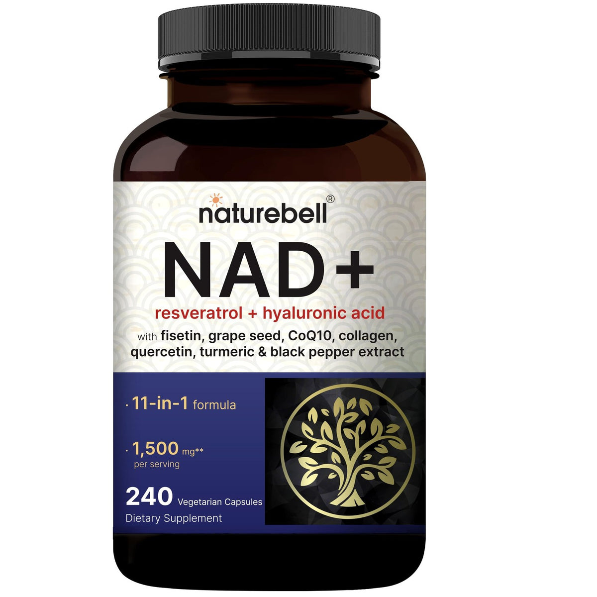NatureBell NAD+ 11-in-1 Complex 1,500 mg** Per Serving, 240 Veggie Capsules | NMN Supplement Alternative | NAD with Resveratrol, CoQ10, Hyaluronic Acid, Fisetin, & More – Non-GMO