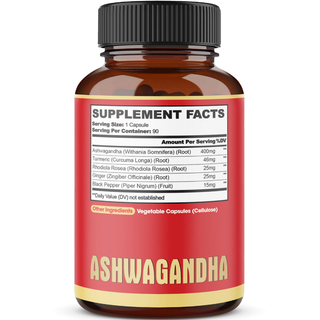 90 Capsules - Ashwagandha Supplement Capsules - Ginger Root, Turmeric, Rhodiola Rosea & Black Pepper