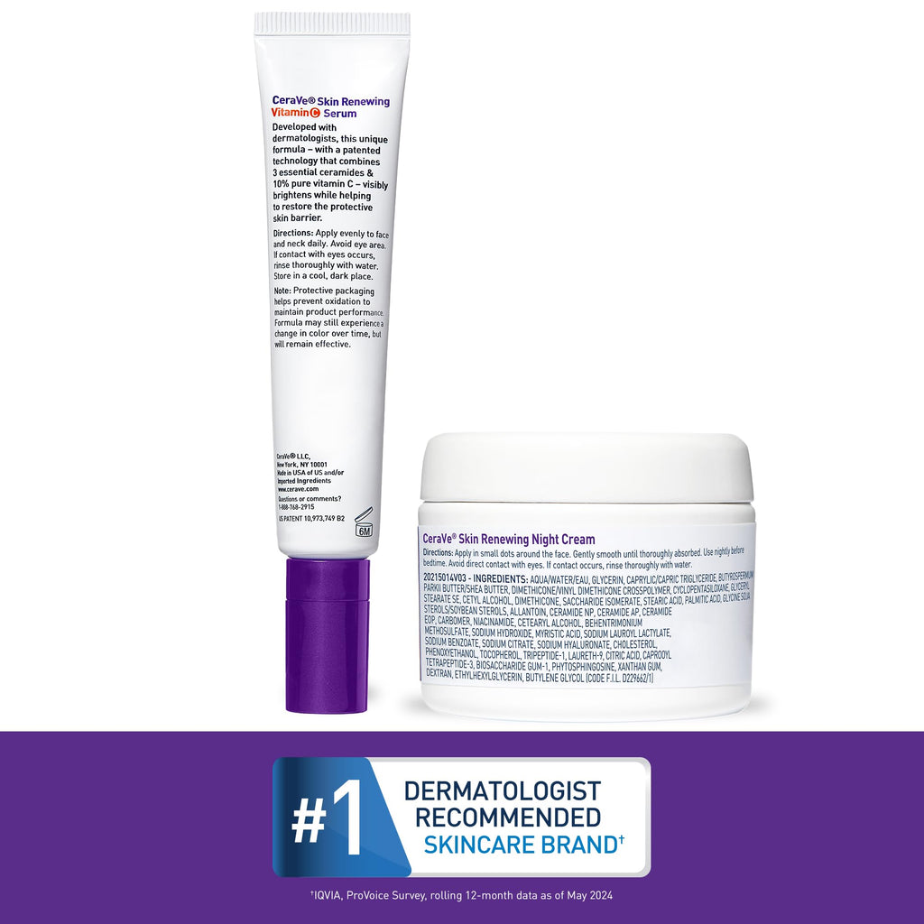 Buy now CeraVe Vitamin C Serum and Night Cream Skin Care Set, Brightening Serum with 10% Pure Vitamin C & Night Moisturizer with Peptides + Hyaluronic Acid, Travel Essentials, 1oz Vit C + 1.7oz Moisturizer at indiglob india