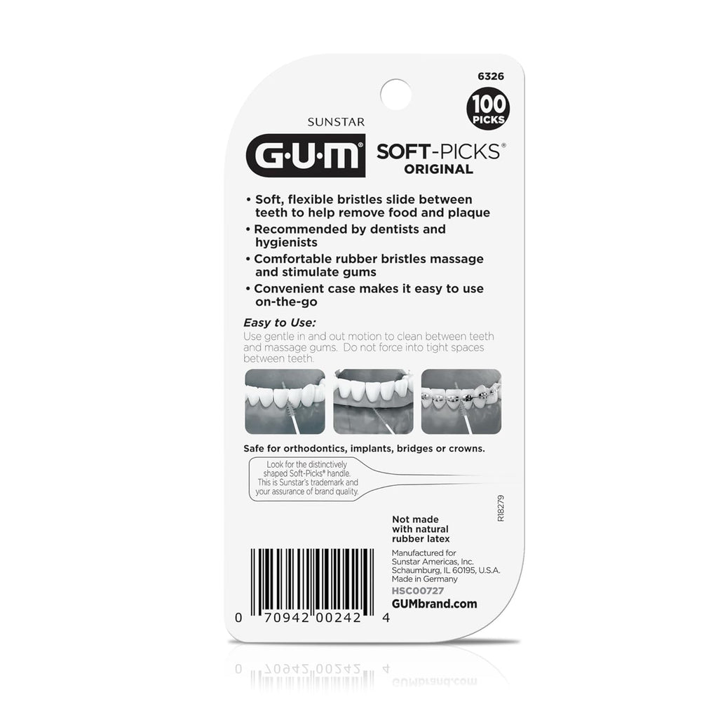 Buy now GUM Soft-Picks Original, Easy to Use Dental Picks for Teeth Cleaning and Gum Health, Disposable Interdental Brushes with Convenient Carry Case, Dentist Recommended Dental Picks, 100ct at indiglob india