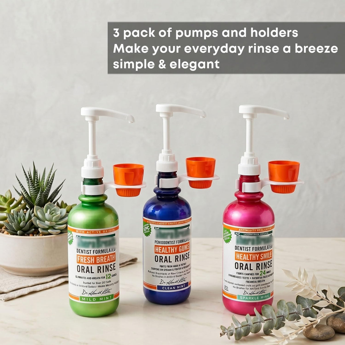 [Upgraded 3 Pack] Mouthwash Dispenser Pump with Cup Holder Set for TheraBreath 16 Fl Oz Mouthwash Oral Rinse, Fits ICY Mint, Mild Mint, Whitening, Anticavity, Kids, Alcohol-Free, etc.