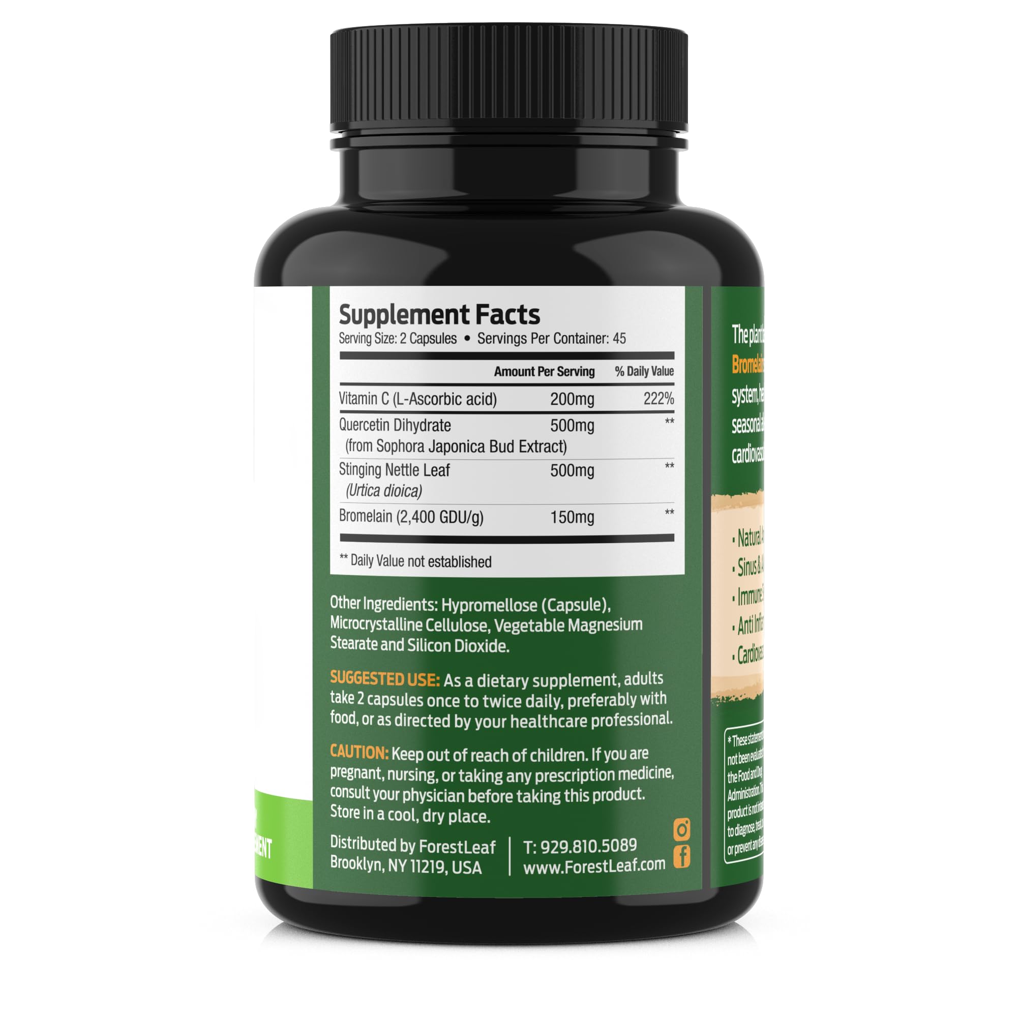 ForestLeaf Quercetin with Bromelain Supplement, 500mg Capsules, 90 Ct | 1350mg Quercetin Complex with Vitamin C, Stinging Nettle for Seasonal Wellness, Non-GMO, Gluten-Free, Vegetarian, Made in USA