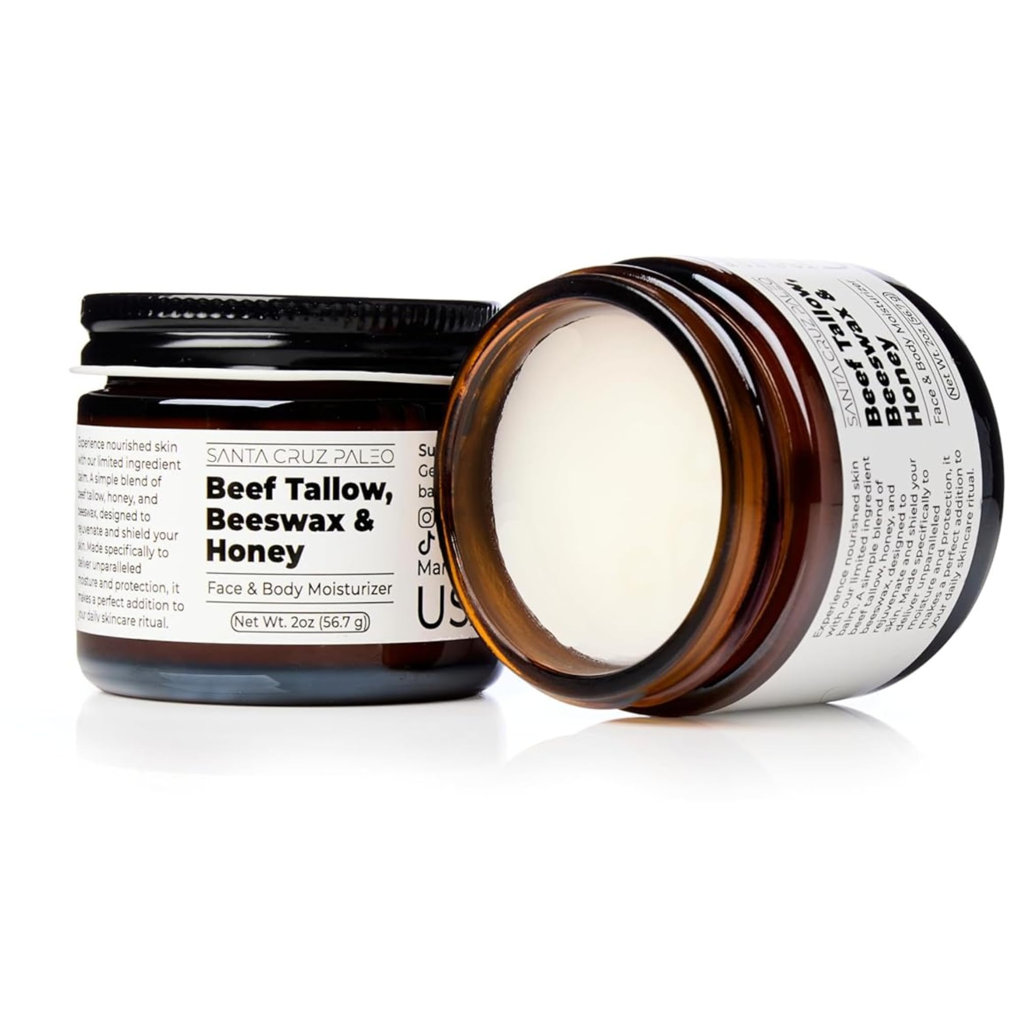 Santa Cruz Paleo, Beef Tallow, Beeswax & Honey Face Moisturizer, Organic, Unscented Grassfed Beef Tallow Skin Care, Sunscreen Free, Non Comedogenic Face & Body Moisturizer for Sensitive Skin, 2 Oz