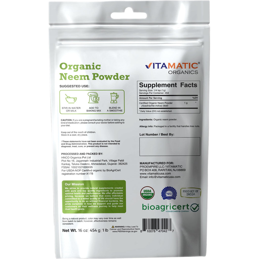 Vitamatic Certified USDA Organic Neem Leaf Powder – 1 lb (16 oz) 100% Pure Azadirachta Indica | Traditional Ayurvedic Herb for Skin, Immune, and Detox Support