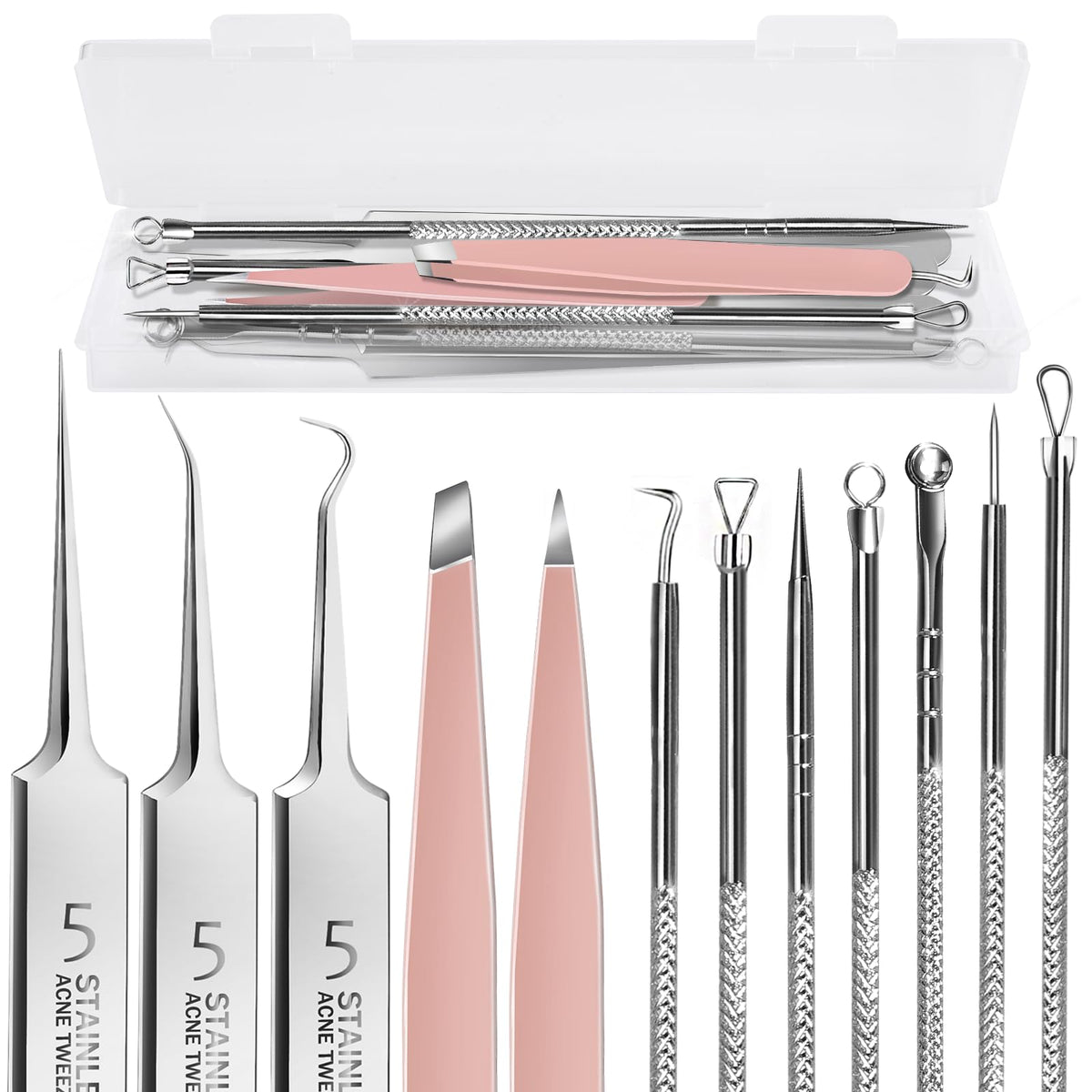 Teenitor 9 Pcs Professional Blackhead Tweezers and Pimple Popper Tool Kit, Stainless Steel Blackhead Remover Tools