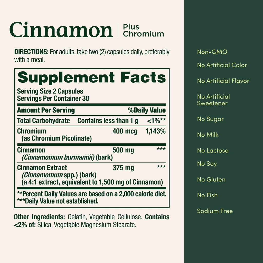 Nature's Bounty Cinnamon 2000mg Plus Chromium, 60 Capsules | Sugar Metabolism Support Supplement