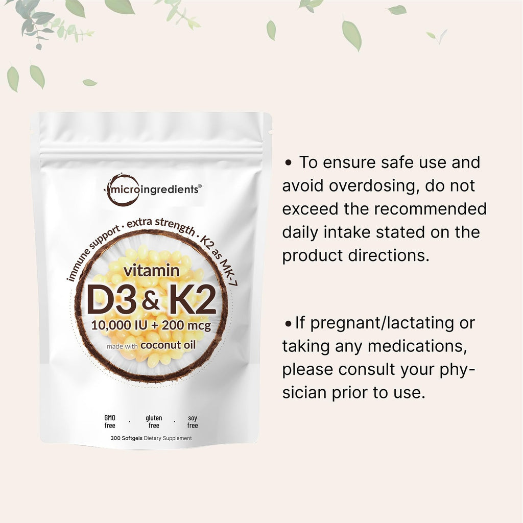 Micro Ingredients Vitamin D3 K2 MK-7 10,000 IU Per Serving, 300 Softgels | Made with Virgin Coconut Oil, K2 200 mcg Per Serving. D3 & K2 Vitamin Supplement. Easy-to-Swallow. Non-GMO, Gluten Free.