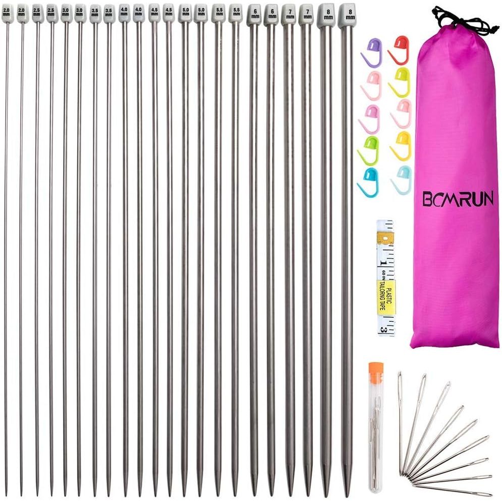 Buy now Knitting Needle Set, 22PCS 2mm(B)-8mm(L) Straight Single Pointed Stainless Steel Sweater Needles Set(11Pair-11 Size,9.8 inch) with Locking Stitch Makers Large-Eye Needles Measure Tape (36CM) 25CM at indiglob india