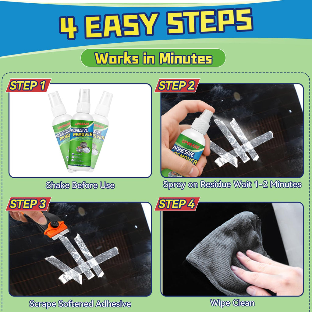 Adhesive Remover Spray Kit, 4 fl oz Sticker Remover for Labels, Glue, Residue, Tape, Decals, Fast Acting Glue Remover Includes Scraper and 10 Extra Plastic Razor Blades for Home, Car, Glass, Metal