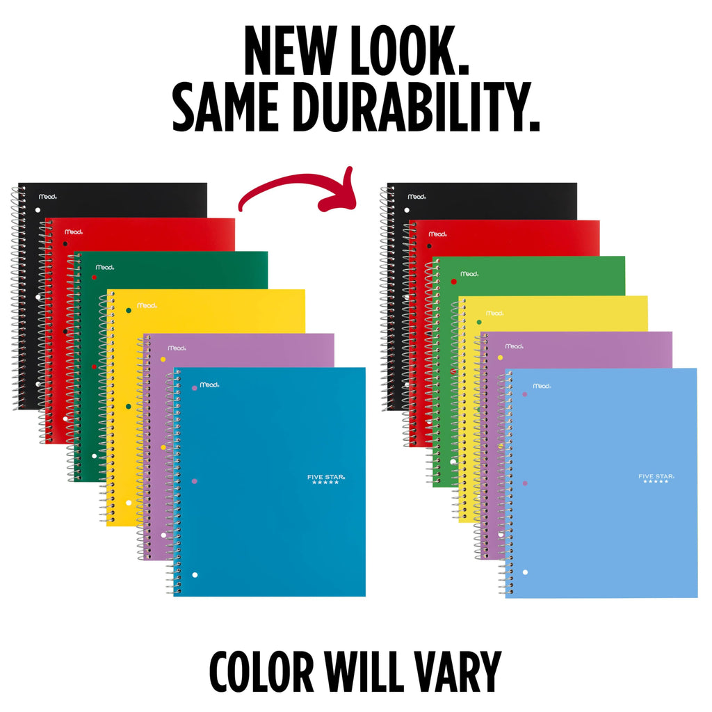 Five Star Spiral Notebook + Study App, 6 Pack, 1 Subject, Wide Ruled 8" x 10.5" Paper, 100 Sheets, Fights Ink Bleed, Water Resistant Cover, Assorted Colors (38042)