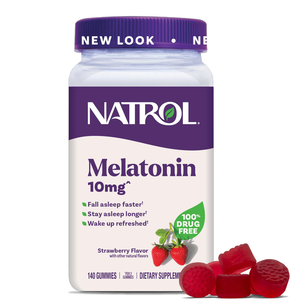 Natrol Melatonin 10 mg Gummies, Sleep Support for Adults, 140 Gummies | Supplement to Fall Asleep Faster & Stay Asleep Longer, Wake Up Refreshed, 100% Drug-Free, Strawberry-flavored, 70 Day Supply