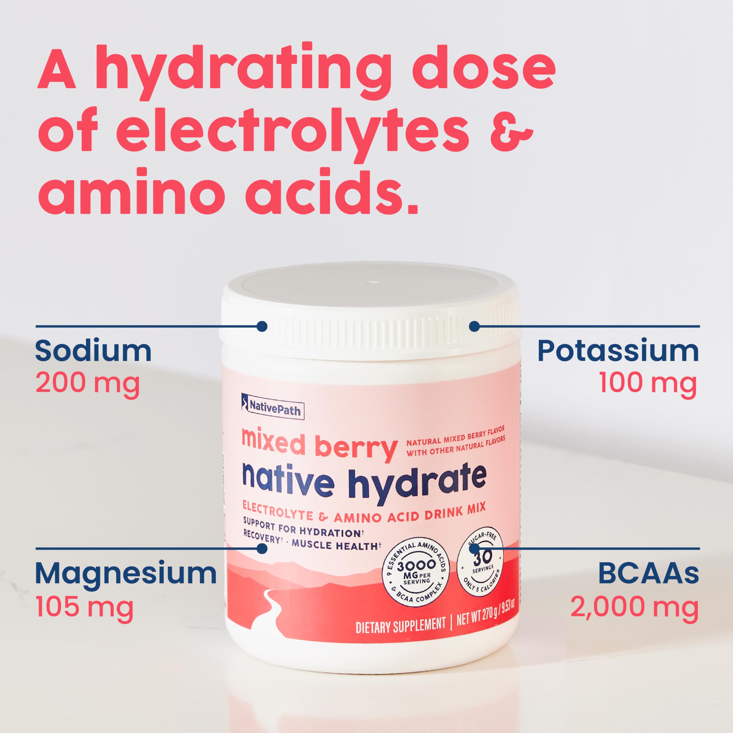 NativePath Hydrate Electrolyte Powder, Mixed Berry, 30 Servings | 14 Vitamins & Minerals, 9 Aminos & 2000mg BCAAs, Zero Sugar, Supports Hydration & Recovery, Stevia, Keto