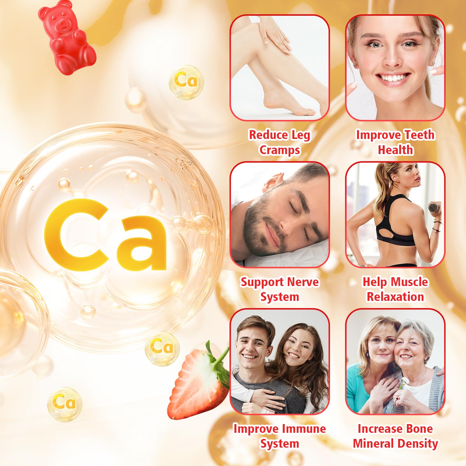 Calcium Citrate Gummies 1200mg, Chewable Calcium Supplements for Women & Men, Sugar Free Calcium Gummies for Bone, Muscle & Immune Support, Strawberry Flavor 60 Count