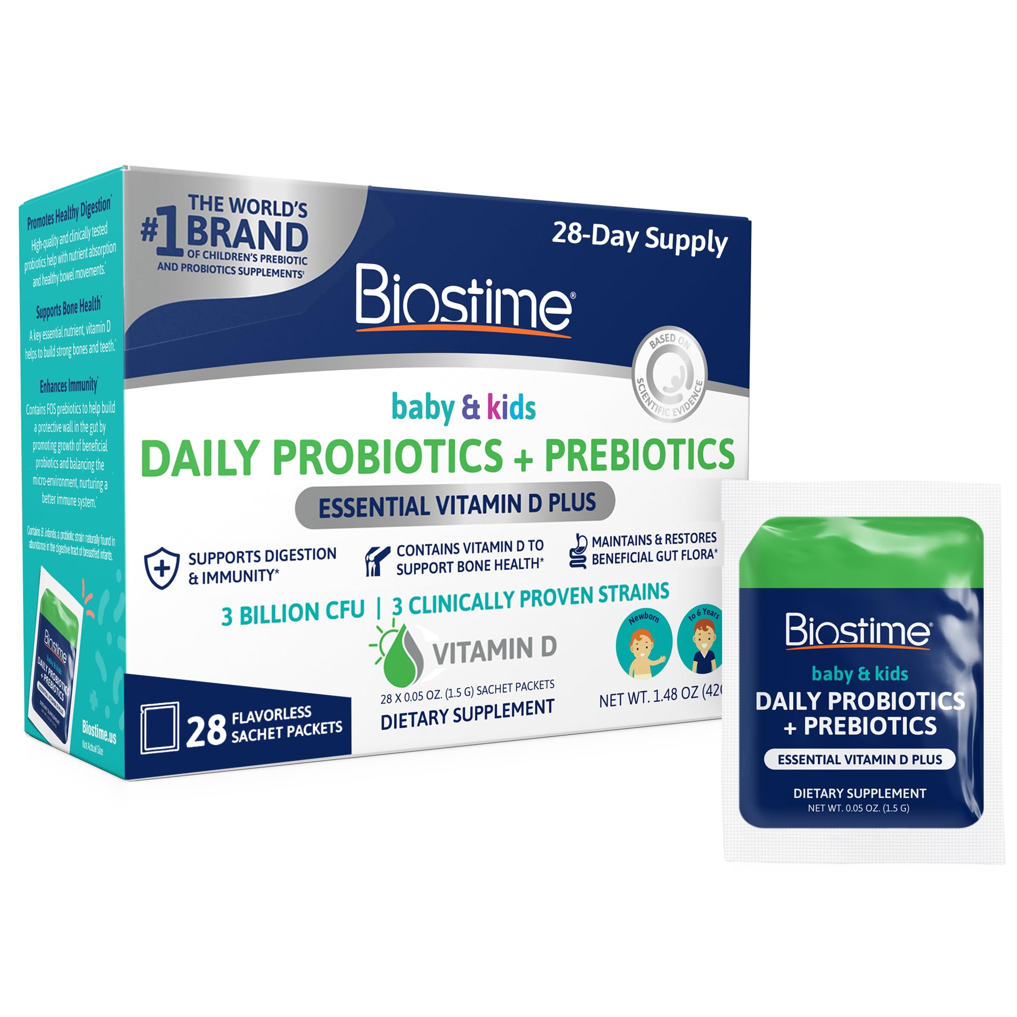 Biostime Infant Baby Toddler Kids Probiotic & Prebiotic with Vitamin D | Baby Probiotic Powder | Kids Immune Support | Constipation Relief for Babies * | Supports Digestion, Gas Relief | 28 Packets