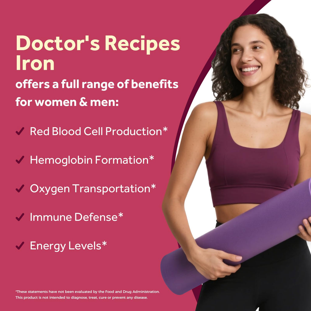 Doctor's Recipes Iron Supplement for Women & Men, Iron 65 mg with Vitamin C, D3, B6, B12, Folate, Beet Root, Pumpkin Seeds, for Energy & Red Blood Cell Support, 90 Tablets