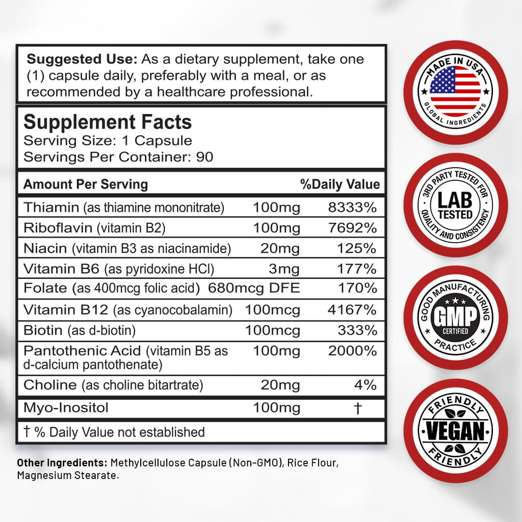 Divine Bounty Vitamin B Complex, All B Vitamins in One Capsule, 90 Count | Super B Complex Vitamins B1 B2 B3 B5 B6 B7 B9 B12 for Men & Women, Supports Healthy Energy Metabolism, Vegetarian Capsules