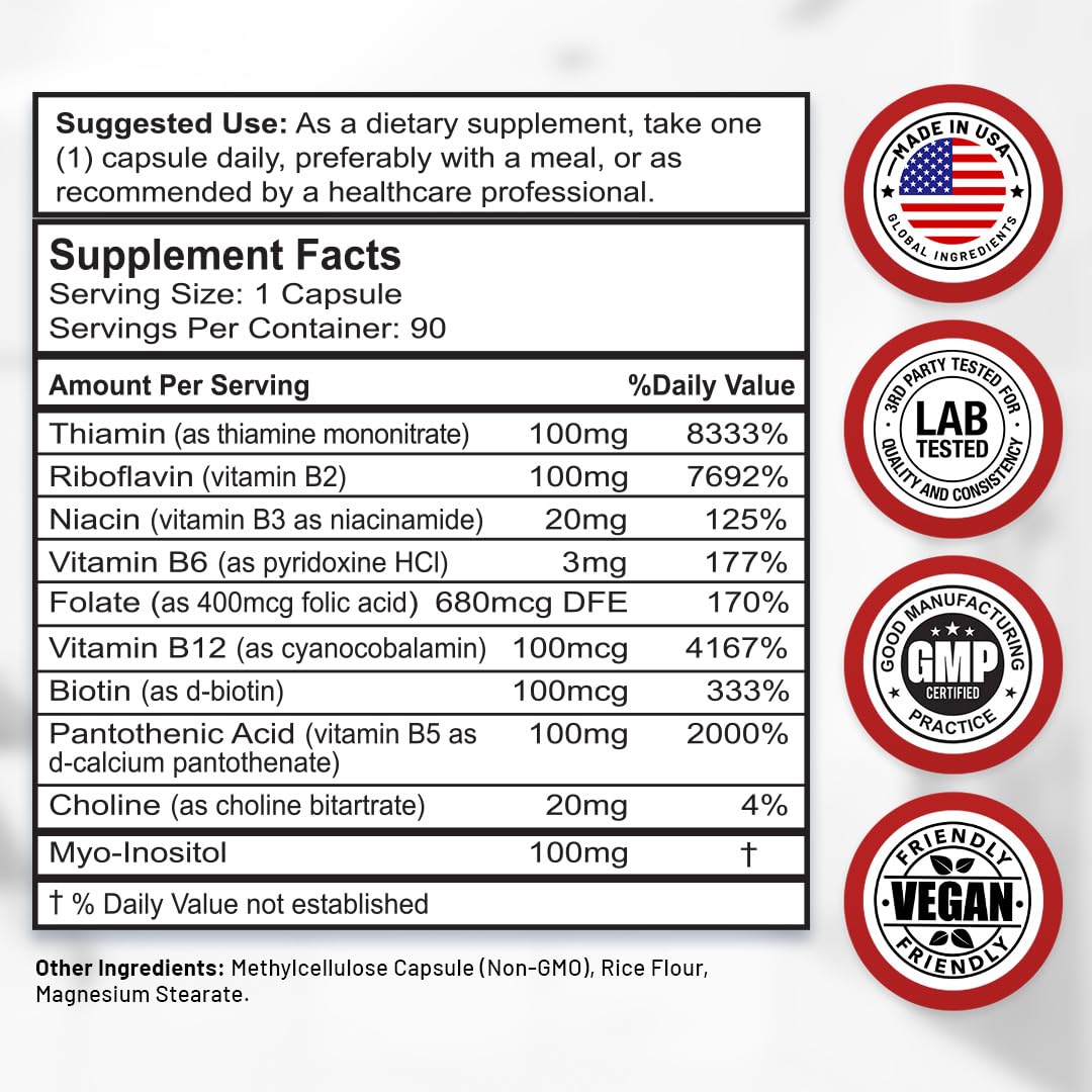 Divine Bounty Vitamin B Complex, All B Vitamins in One Capsule, 90 Count | Super B Complex Vitamins B1 B2 B3 B5 B6 B7 B9 B12 for Men & Women, Supports Healthy Energy Metabolism, Vegetarian Capsules