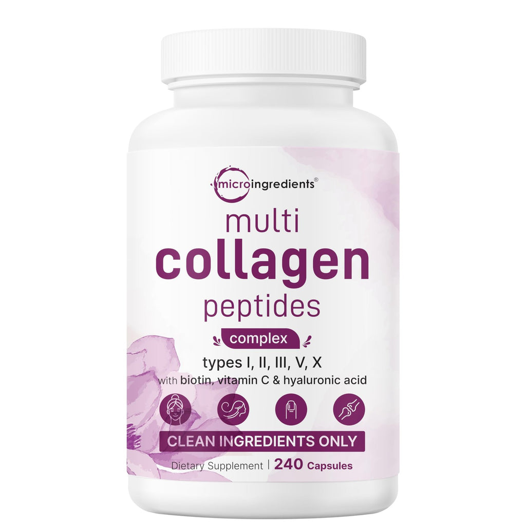 Micro Ingredients Multi Collagen Peptides Pills, 240 Capsules | For Women & Men. Type I, II, III, V, X. Hydrolyzed Collagen Supplement with Biotin, Hyaluronic Acid & Vitamin C. Filler Free.