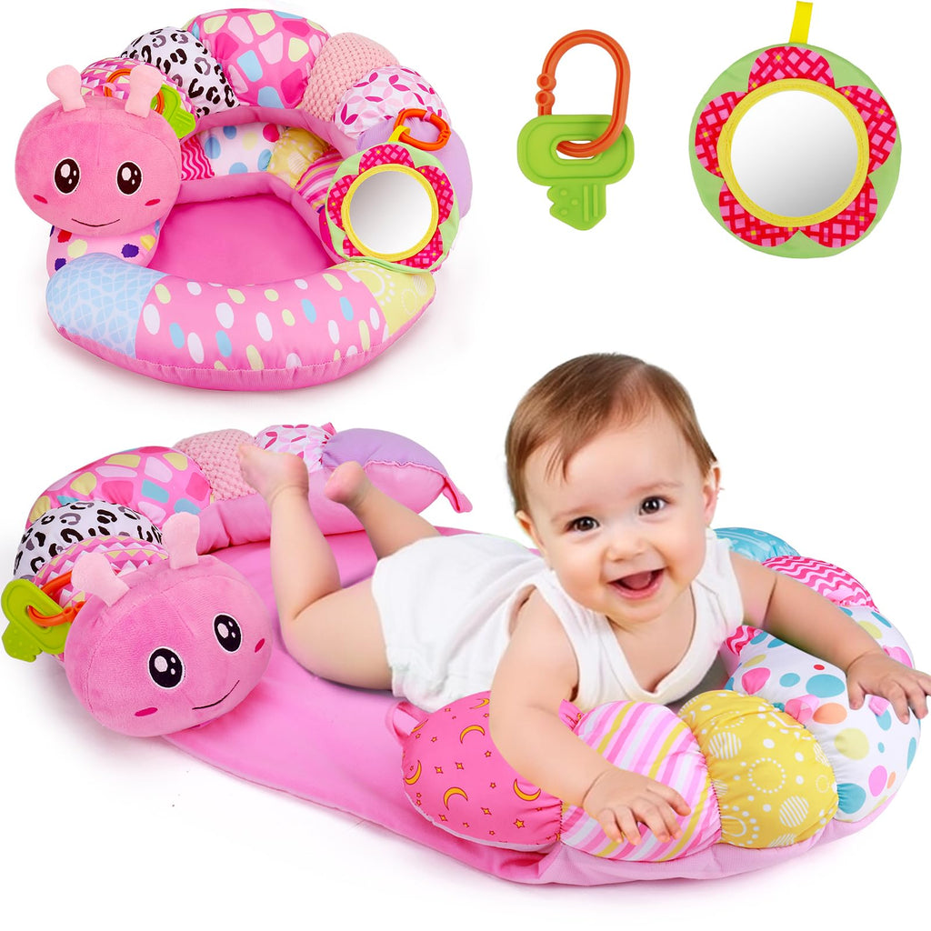 2 in 1 Baby Tummy Time Mat & Support Seated Pillow Infant Newborn Toys 0 1 2 3 4 5 6 Months Pink Caterpillar Sensory Developmental Playmat 0-6 3-6 12 Month Mirror Babies Girls Shower Gifts Essentials
