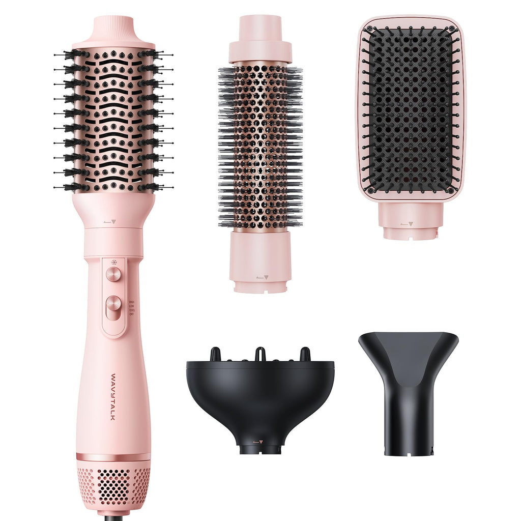 Blow Dryer Brush Set, Wavytalk Air Sculpt 5-in-1 Hot Air Brush Set | Multi Hair Styler for Salon Blowouts, Smooth Curls, Volumizing and Straightening, Sleek and Less Frizz, Pink