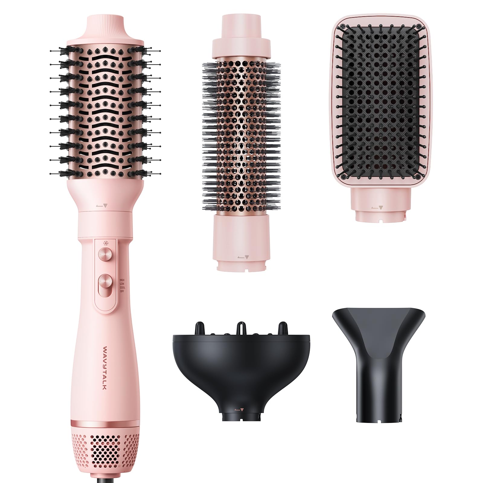 Blow Dryer Brush Set, Wavytalk Air Sculpt 5-in-1 Hot Air Brush Set | Multi Hair Styler for Salon Blowouts, Smooth Curls, Volumizing and Straightening, Sleek and Less Frizz, Pink