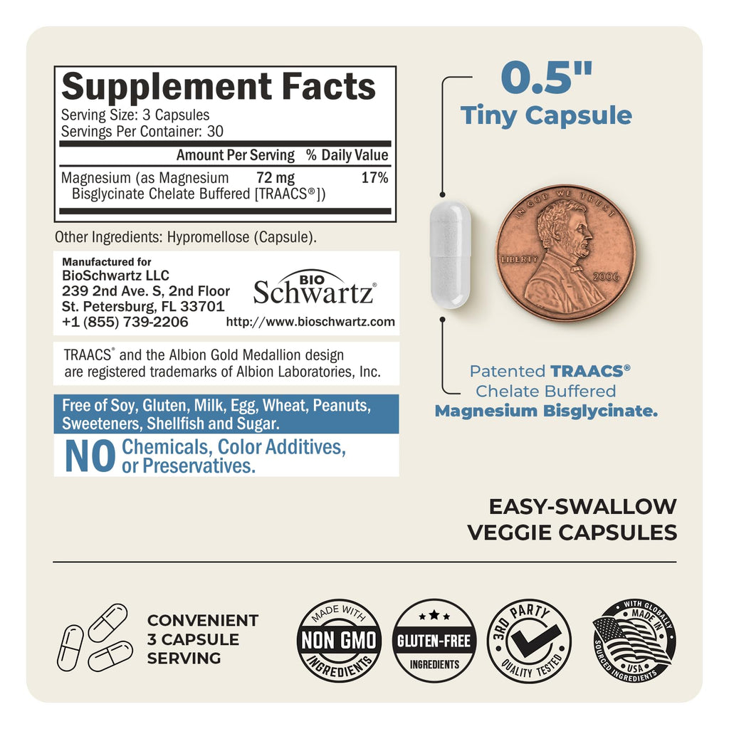 Magnesium Bisglycinate 100% Chelate No-Laxative Effect - 90ct | Max Absorption Magnesium Glycinate Capsules, Healthy Energy Muscle Bone & Joint Support - Non-GMO Project Verified