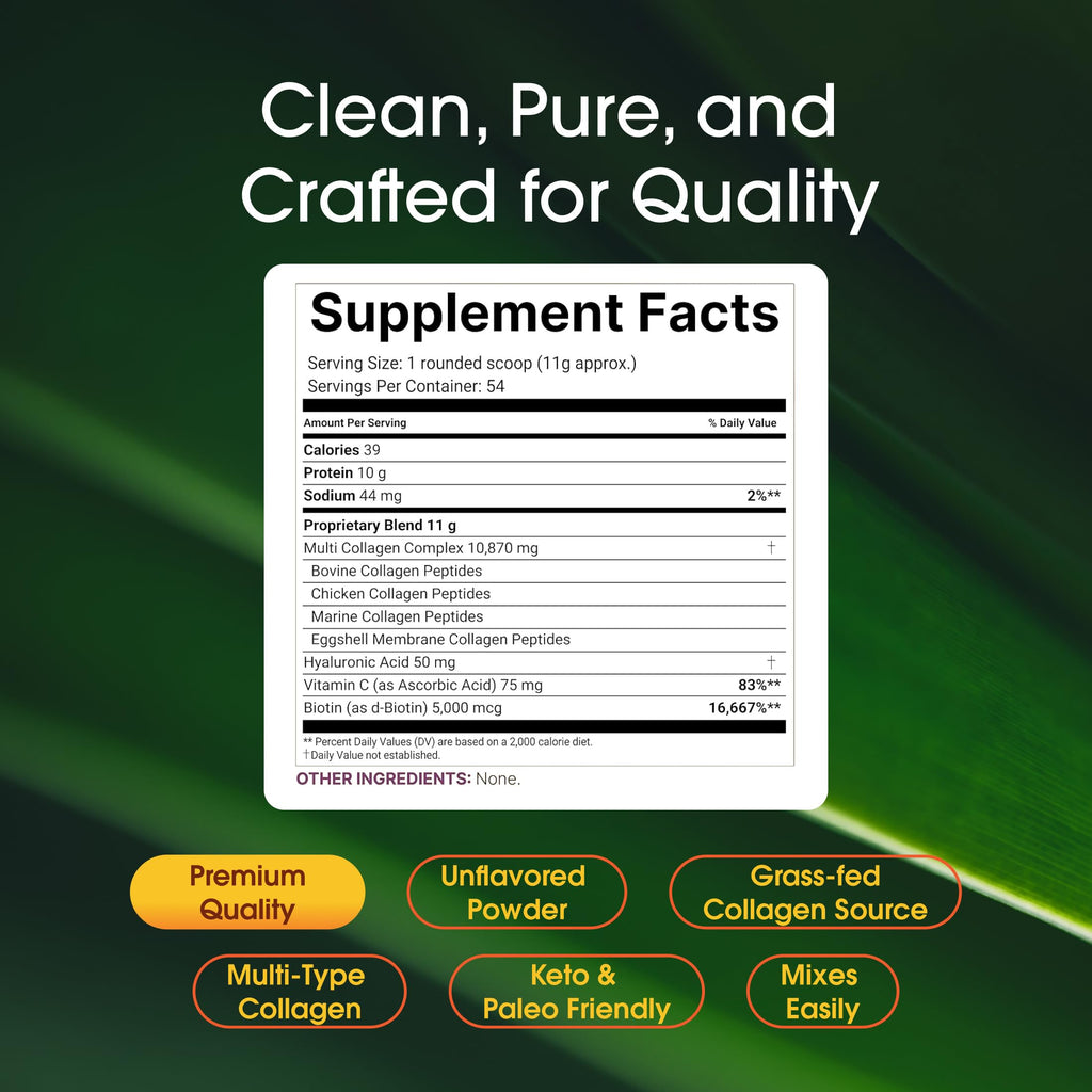 NatureBell Multi Collagen Protein Powder - 600g - Hydrolyzed Collagen Peptides - for Skin, Hair, Nail, Joint & Bone Health Support* - Grass-Fed & Keto-Friendly - Unflavored
