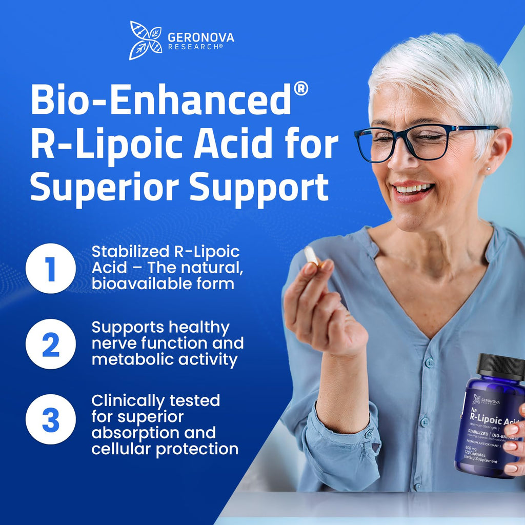Geronova Research® Bio-Enhanced® R-Lipoic Acid - 600 mg, 120 Capsules