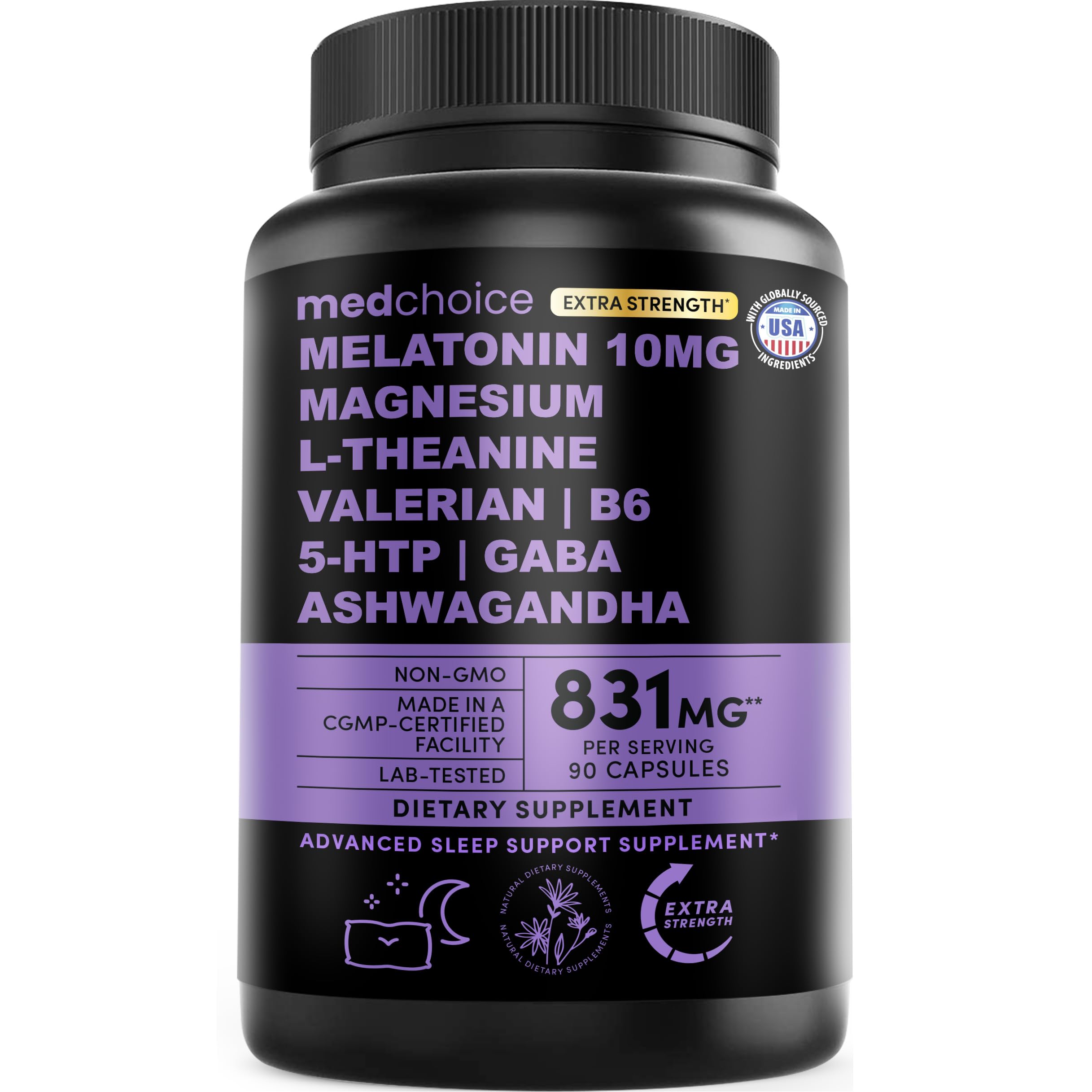 12-in-1 Melatonin Sleep Capsules - 10mg Melatonin Extra Strength with Magnesium and Balanced Blend of Ashwagandha, GABA, Chamomile Extract, L-Theanine & Valerian Root 10:1 Extract (90ct, Pack of 2)