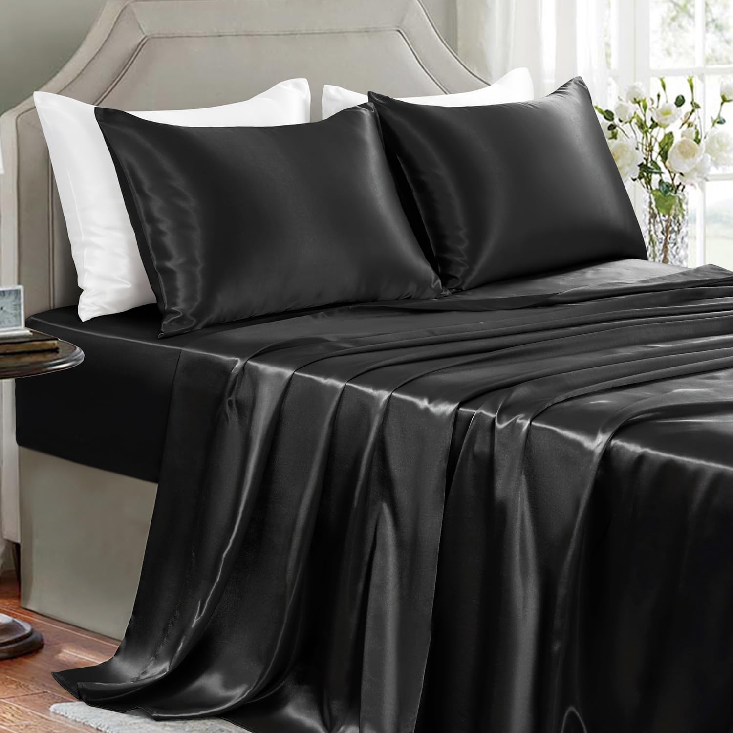 Buy now Satin Sheets King Size - 4 Pieces Luxury Silky Soft Bed Sheets, Wrinkle-Free Gold Satin Silk Sheet Set with 1 Deep Pocket Fitted Sheet, 1 Flat Sheet, 2 Pillow Cases Full Black at indiglob india