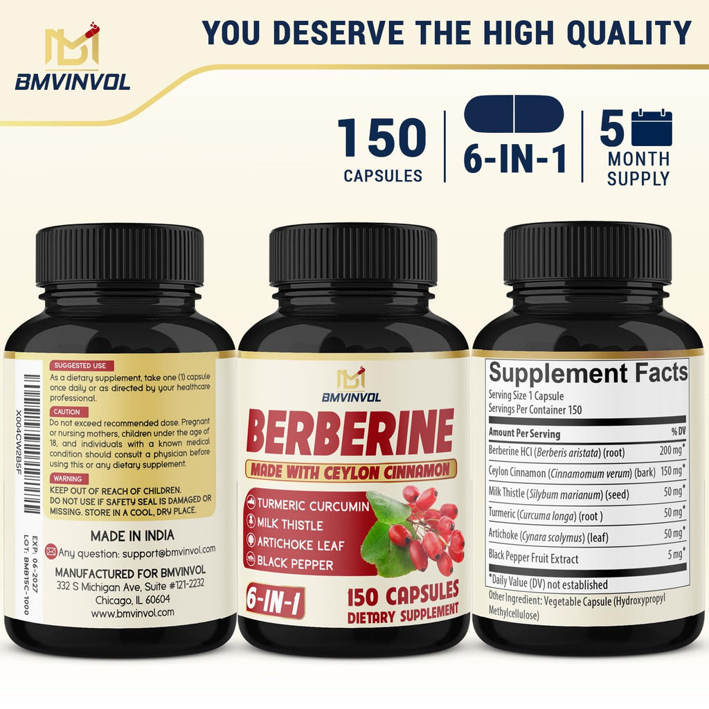 Berberine with Ceylon Cinnamon, Turmeric, Milk Thistle, Artichoke, Black Pepper - 150 Count - Pack of 1