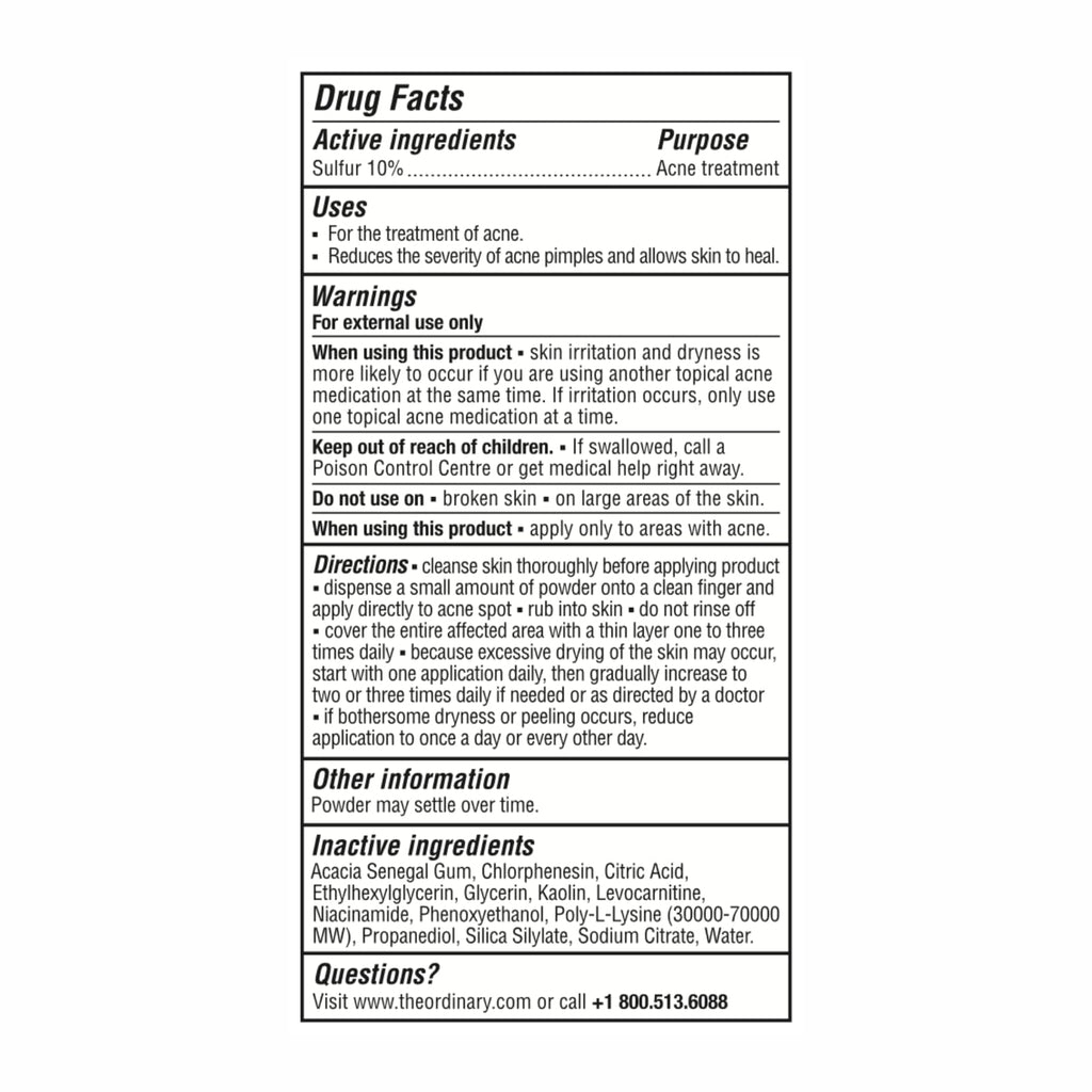 The Ordinary Sulfur 10% Powder-to-Cream Acne Spot Treatment Concentrate, Reduces Pimple Size and Zit Redness, 0.18 Oz