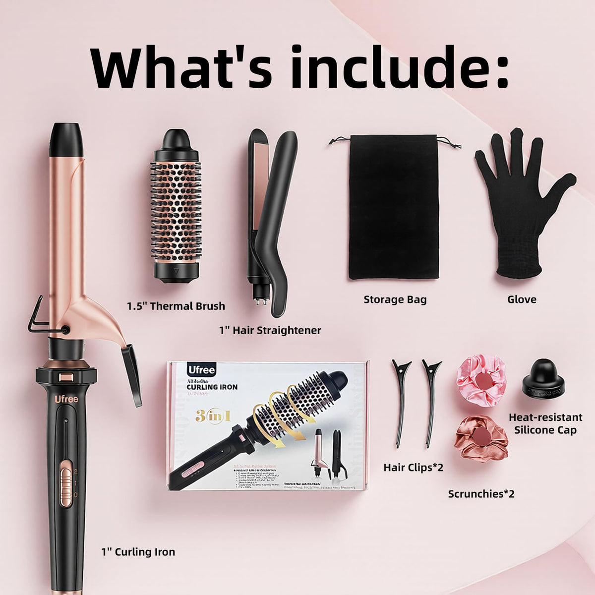 Ufree 3-in-1 Curling Iron Wand Set, Thermal Brush Hair, Straightener
